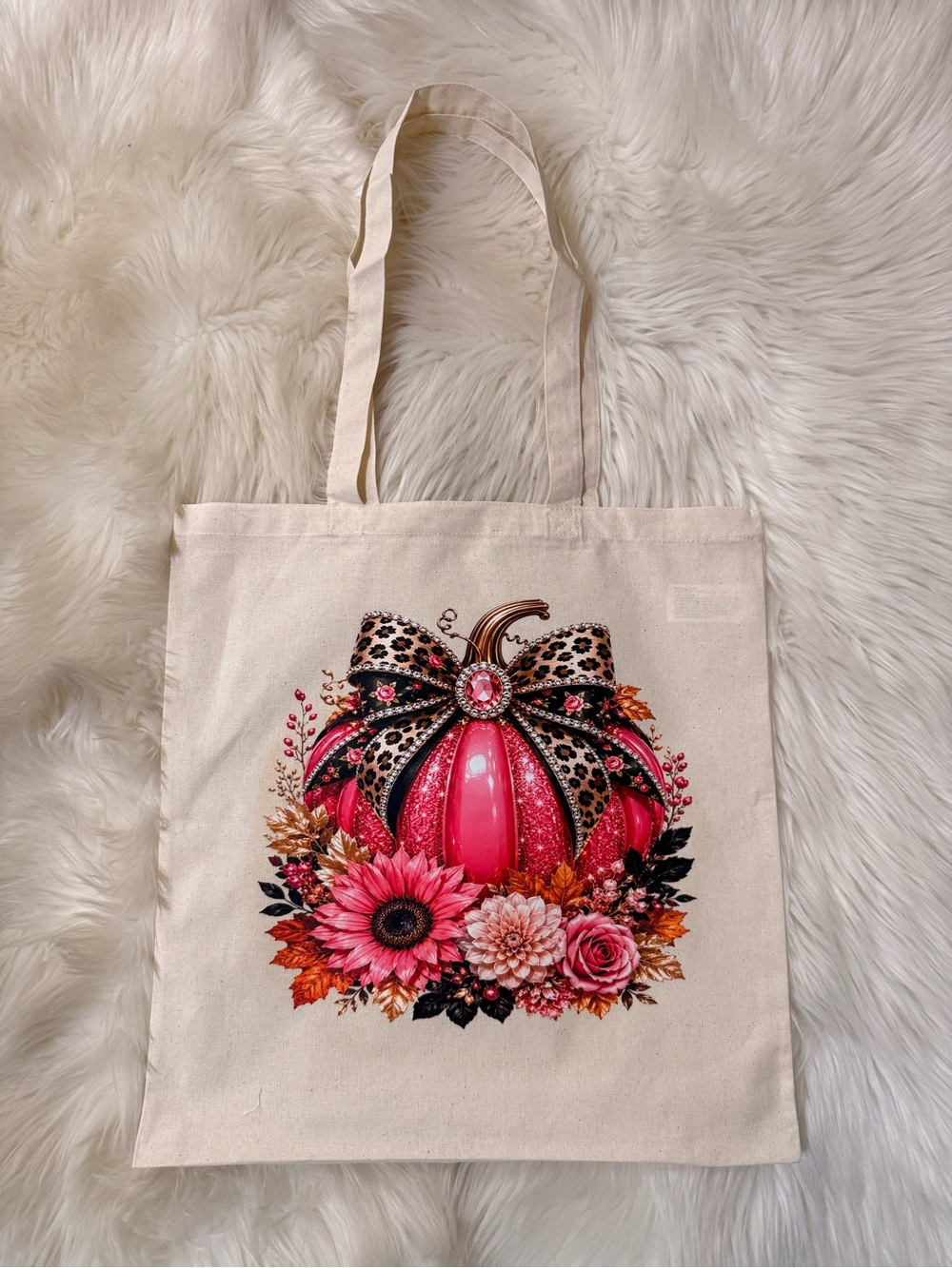 Cream Tote with Pink Pumpkin & Floral Accent